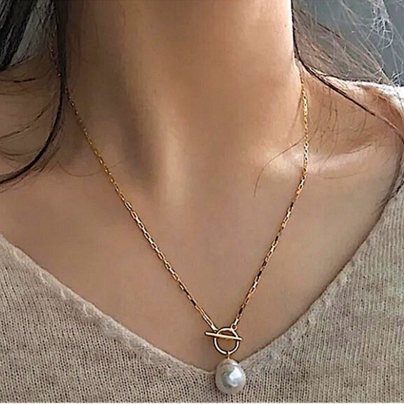 Pearl Drop Necklace, Toggle, 18K Gold plated Gift For Mom - Picture 3 of 10